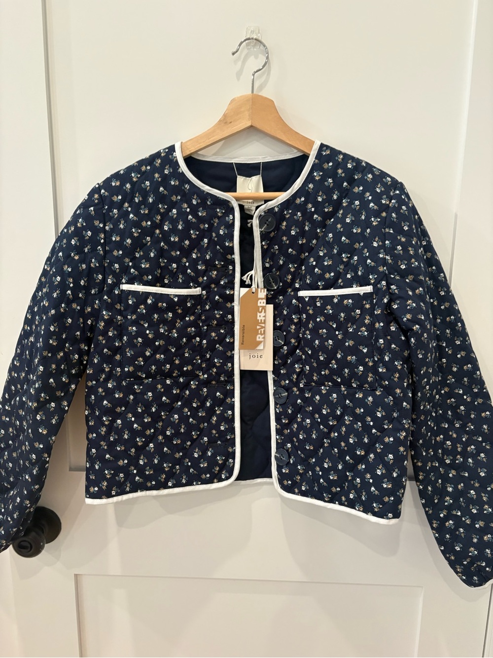 NWT Reversible Joie Navy Quilted Floral Jacket with White Trim